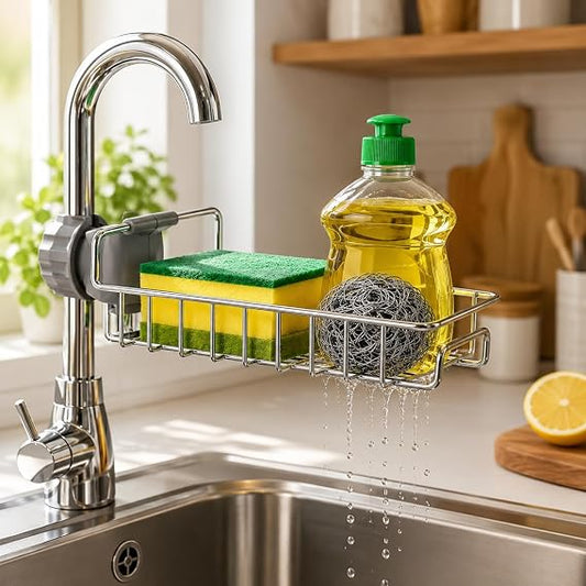 360° Adjustable Faucet Sink Organizer – Stainless Steel Kitchen Sponge & Soap Holder