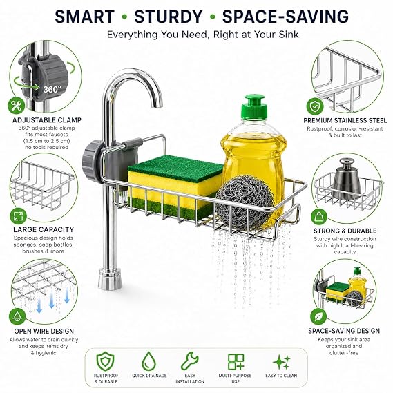 360° Adjustable Faucet Sink Organizer – Stainless Steel Kitchen Sponge & Soap Holder