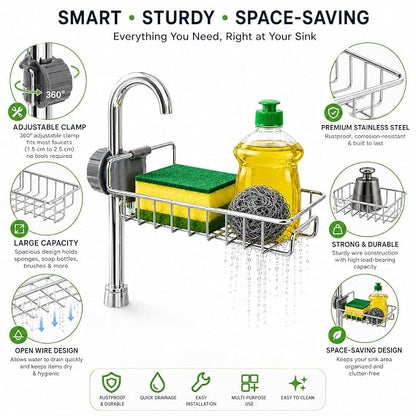 360° Adjustable Faucet Sink Organizer – Stainless Steel Kitchen Sponge & Soap Holder